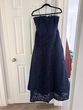 Milly Navy Strapless Lace Midi Dress